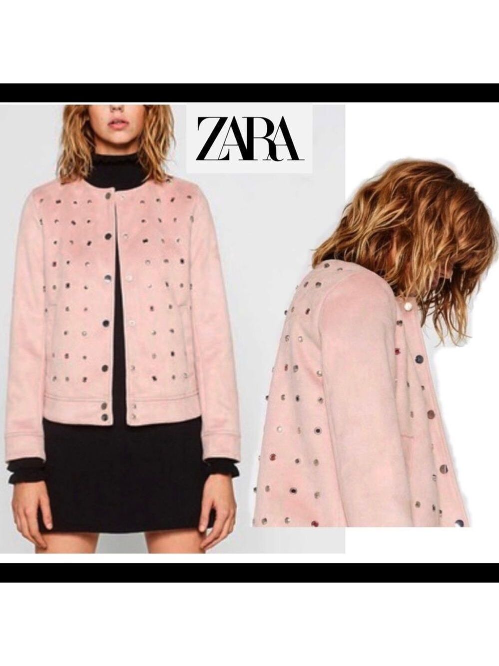 ZARA pastel dusty rose blush pink faux suede studded moto jacket Sz S